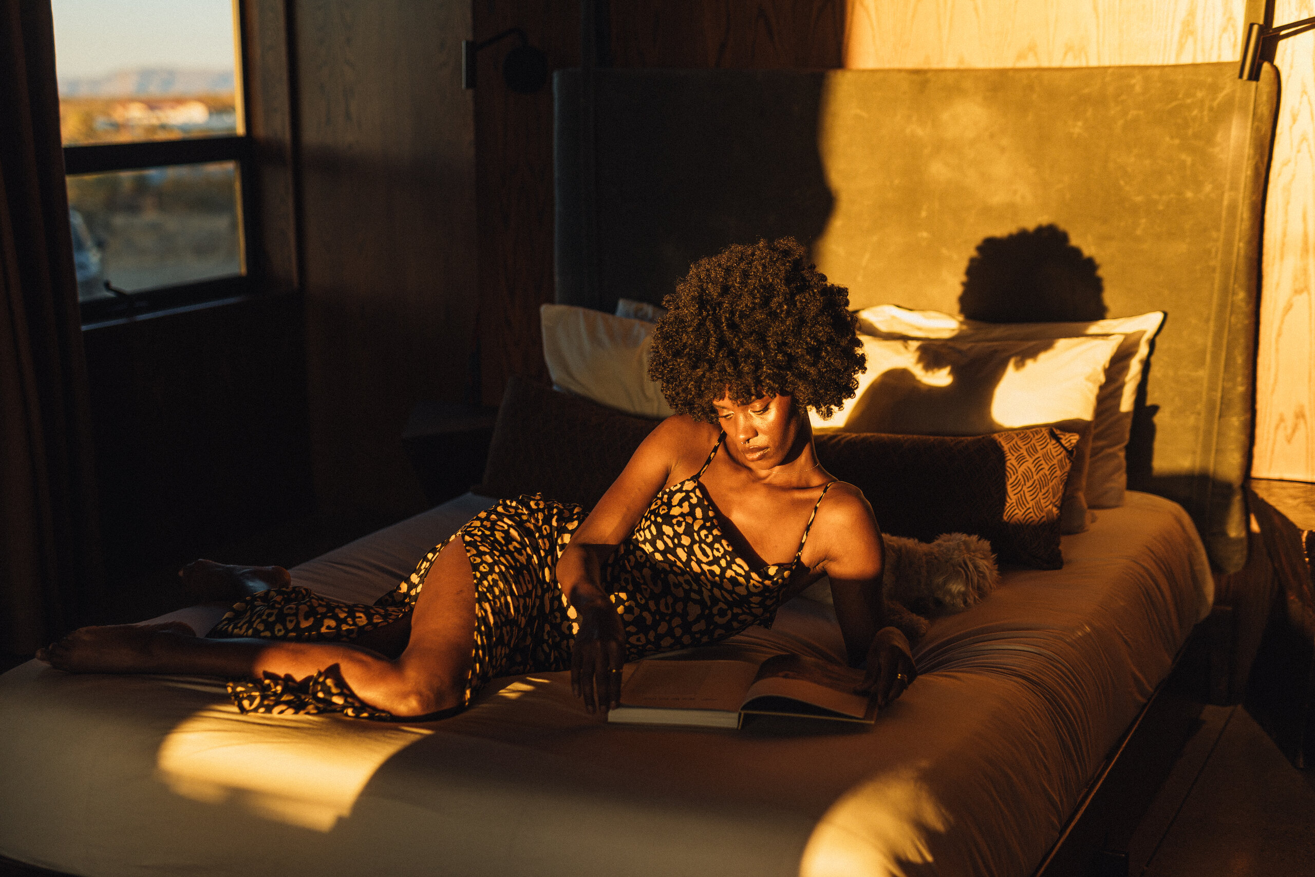 Bed at Pause House PM in warm golden light